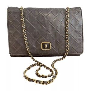 Auth Chanel Chain Shoulder Bag Gray Lambskin Gold HW